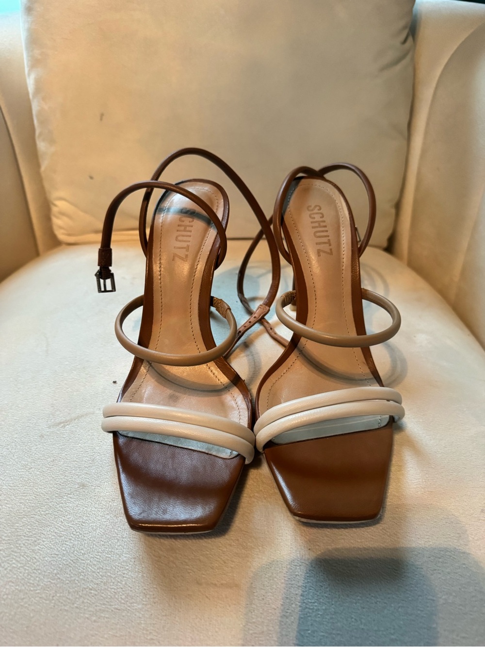 SCHUTZ Brown and Cream Strappy Square-Toe Heeled Sandals